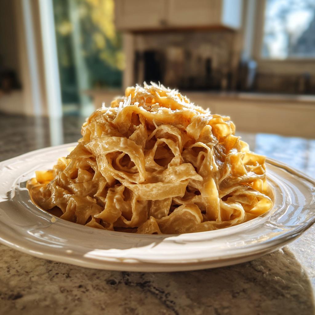 A mound of creamy pasta, likely fettuccine, topped with grated Parmesan cheese on a white plate.