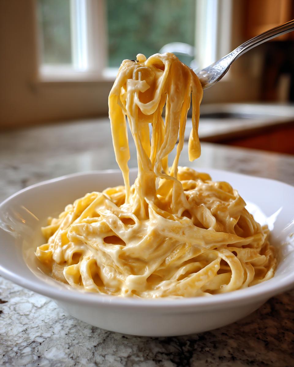 A fork lifts strands of fettuccine coated in a rich, creamy sauce from a white bowl, showcasing the best creamy pasta recipe.