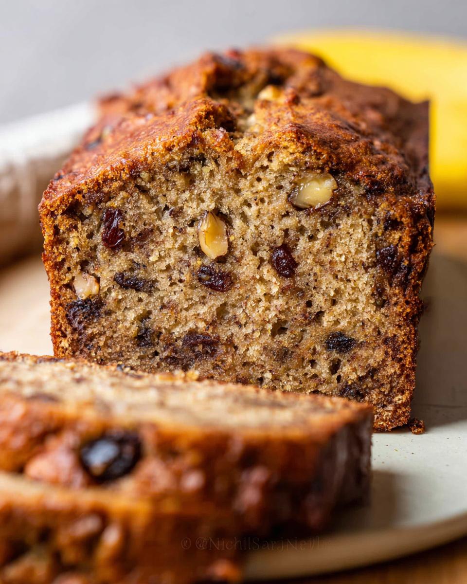 Close-up of a moist slice of Best Ever Banana Bread showing walnuts and raisins baked inside.
