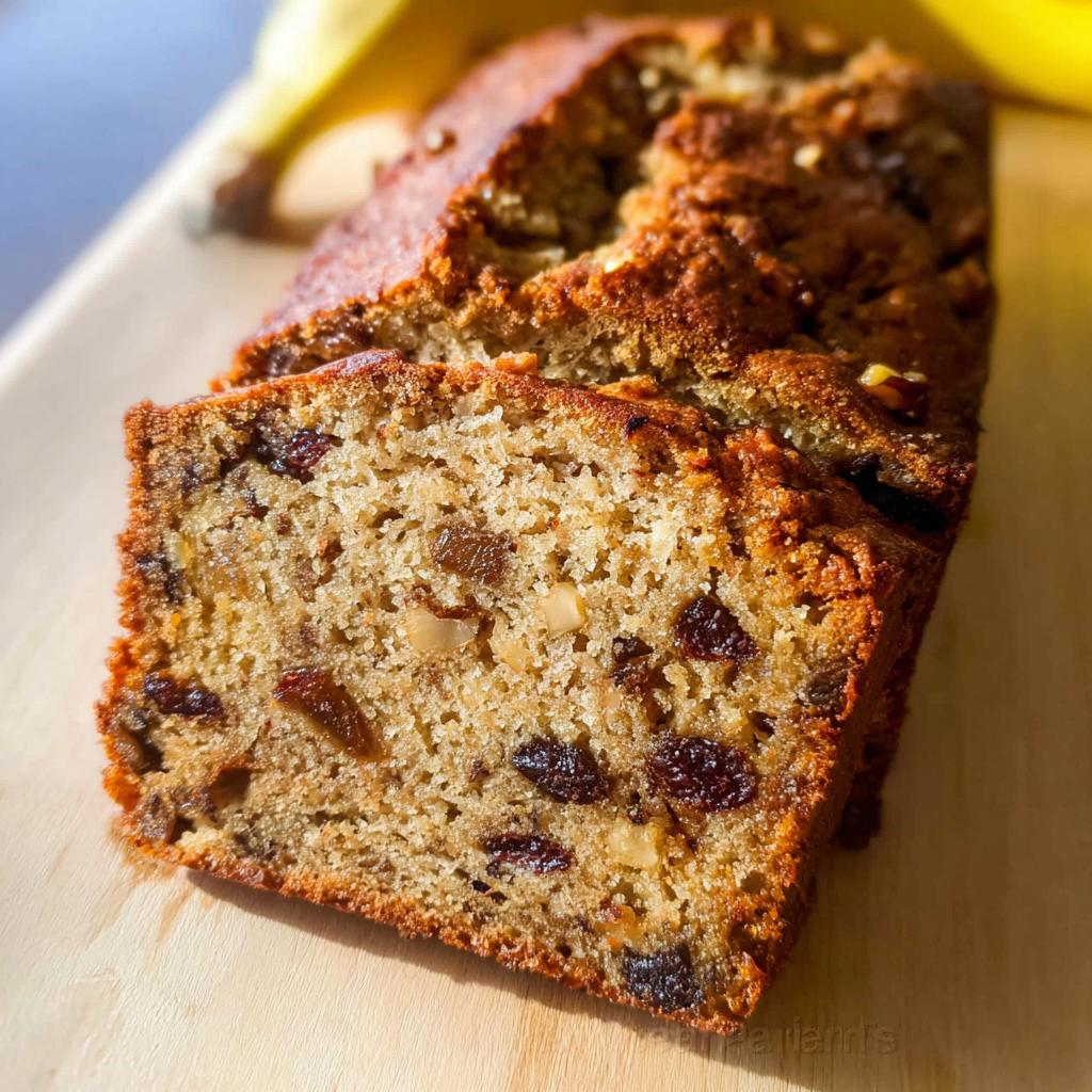 Close-up of a moist slice of Best Ever Banana Bread, showing raisins and walnuts baked inside.