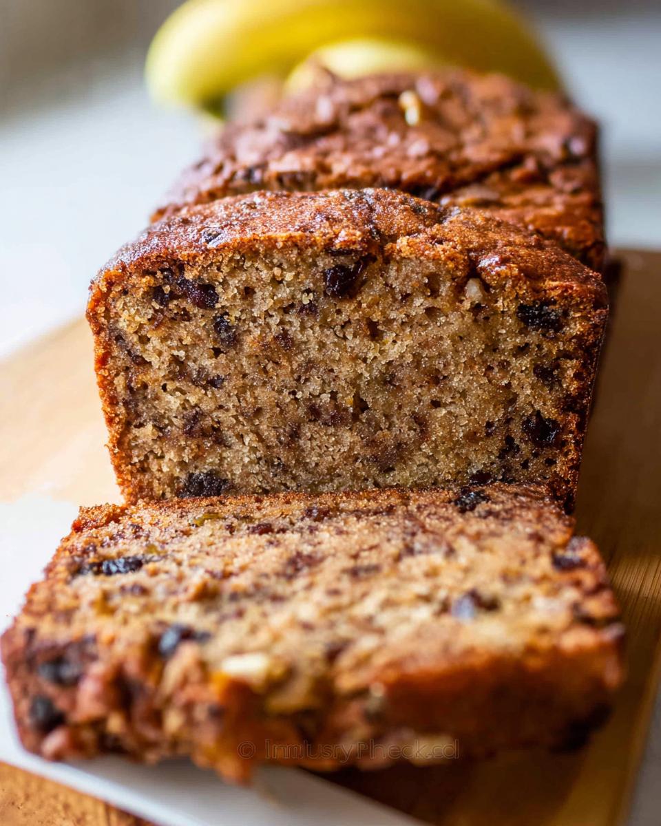 Close-up of moist Best Ever Banana Bread sliced, showing chocolate chips and nuts in the crumb.