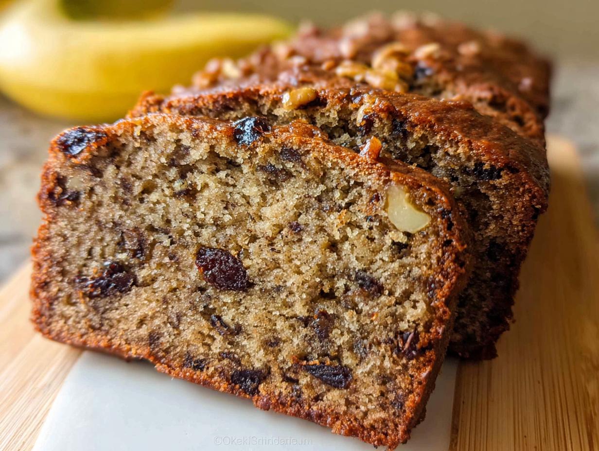 Close-up of moist slices of Best Ever Banana Bread, studded with raisins and walnuts, with a banana blurred in the background.