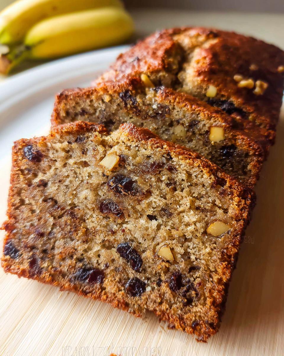 Close-up of three moist slices of Best Ever Banana Bread studded with raisins and walnuts.