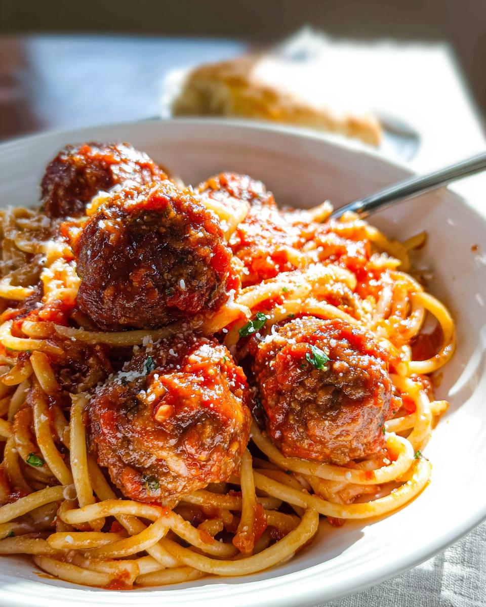 Close-up of The Best Italian Spaghetti and Meatballs coated in rich tomato sauce and topped with Parmesan cheese.