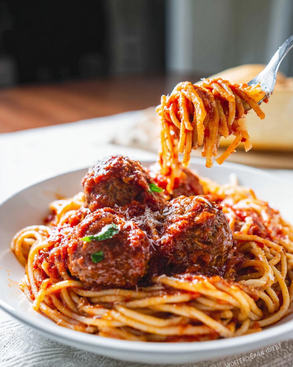A fork lifting saucy spaghetti noodles above a bowl of The Best Italian Spaghetti and Meatballs.