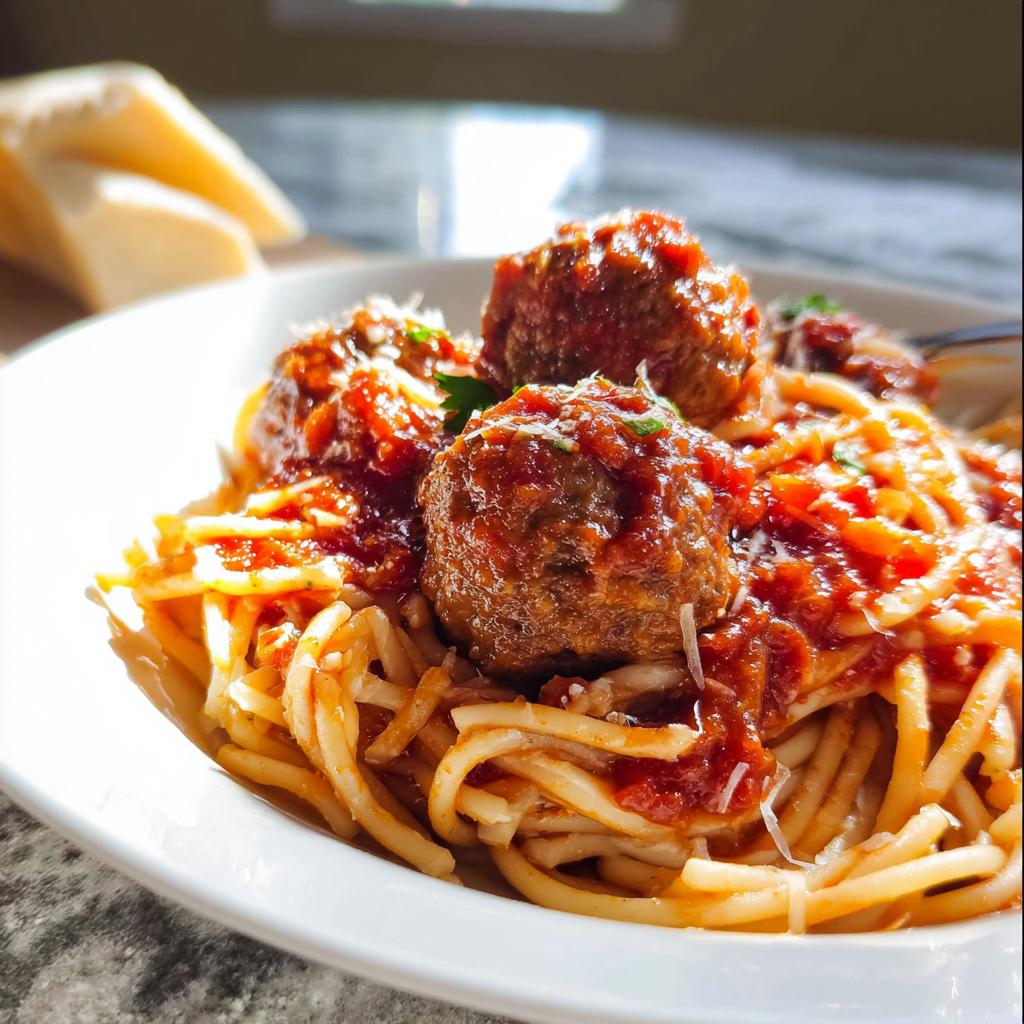 Close-up of The Best Italian Spaghetti and Meatballs topped with sauce and grated cheese in a white bowl.