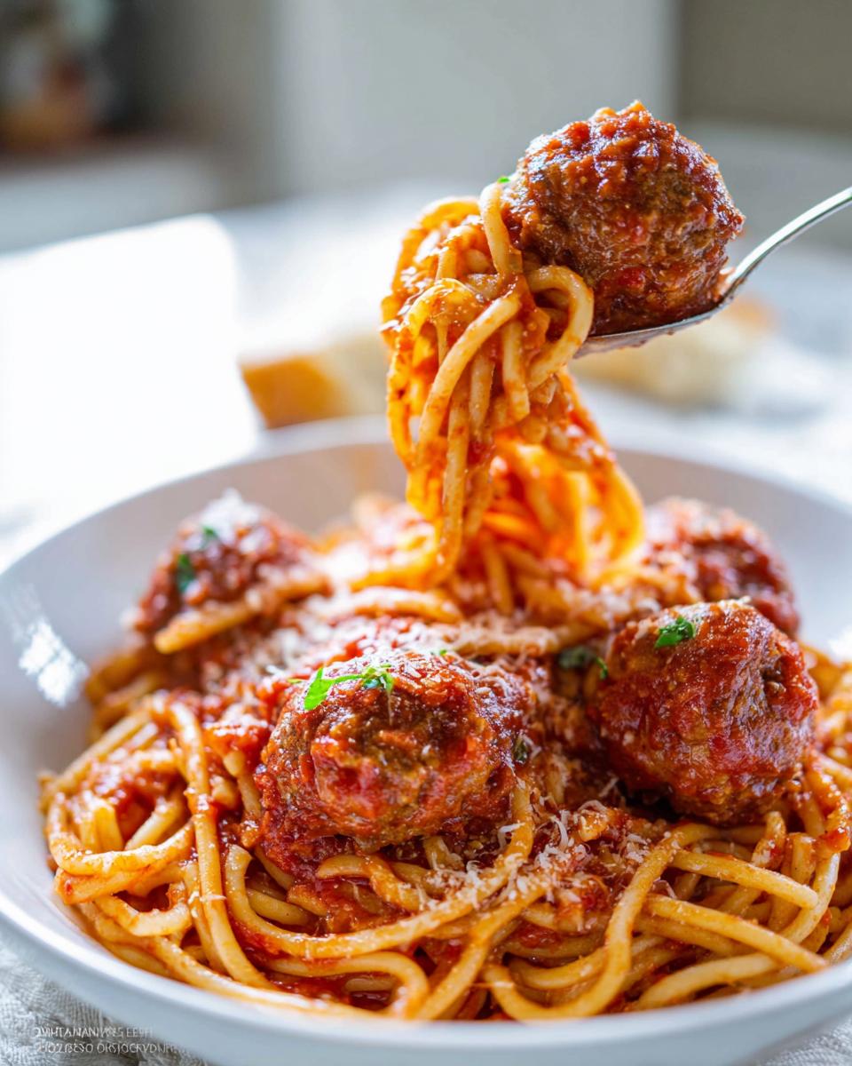 A fork lifts spaghetti and a large meatball from a bowl of The Best Italian Spaghetti and Meatballs topped with sauce and Parmesan.