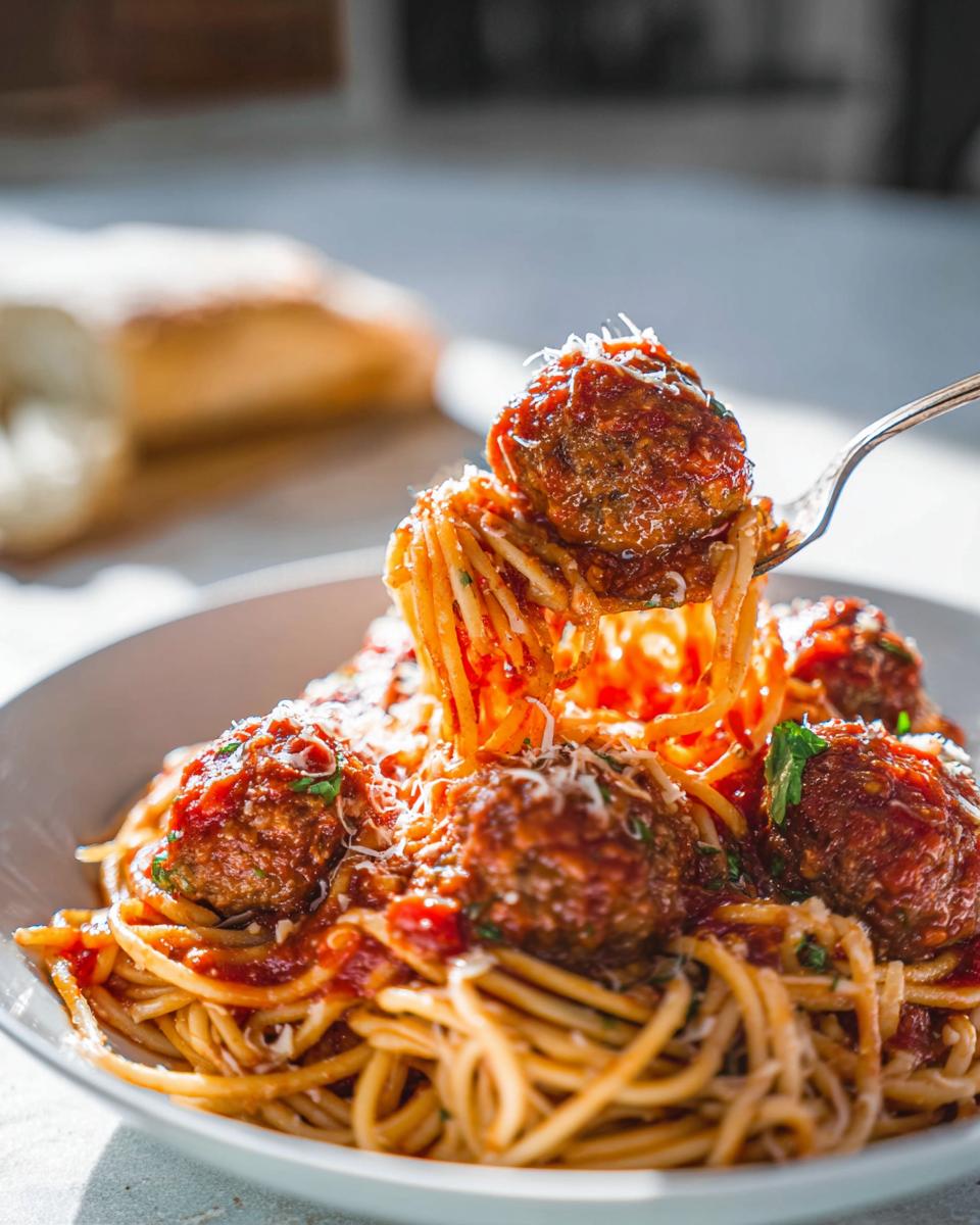 A fork lifts spaghetti and a large meatball covered in sauce from a bowl of The Best Italian Spaghetti and Meatballs.