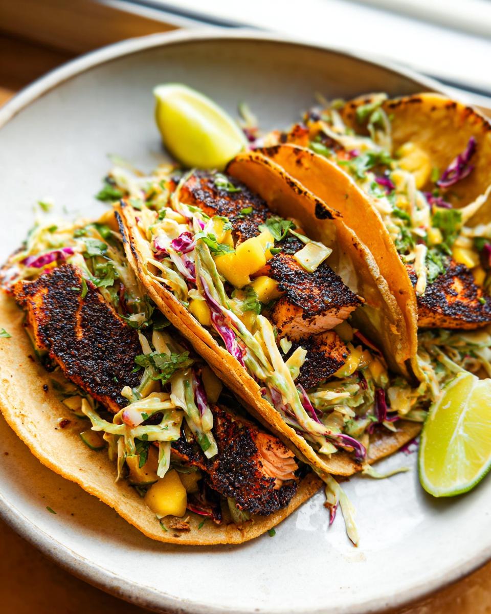 Three delicious Blackened Salmon Tacos filled with blackened fish, colorful slaw, and mango salsa, served with lime wedges.