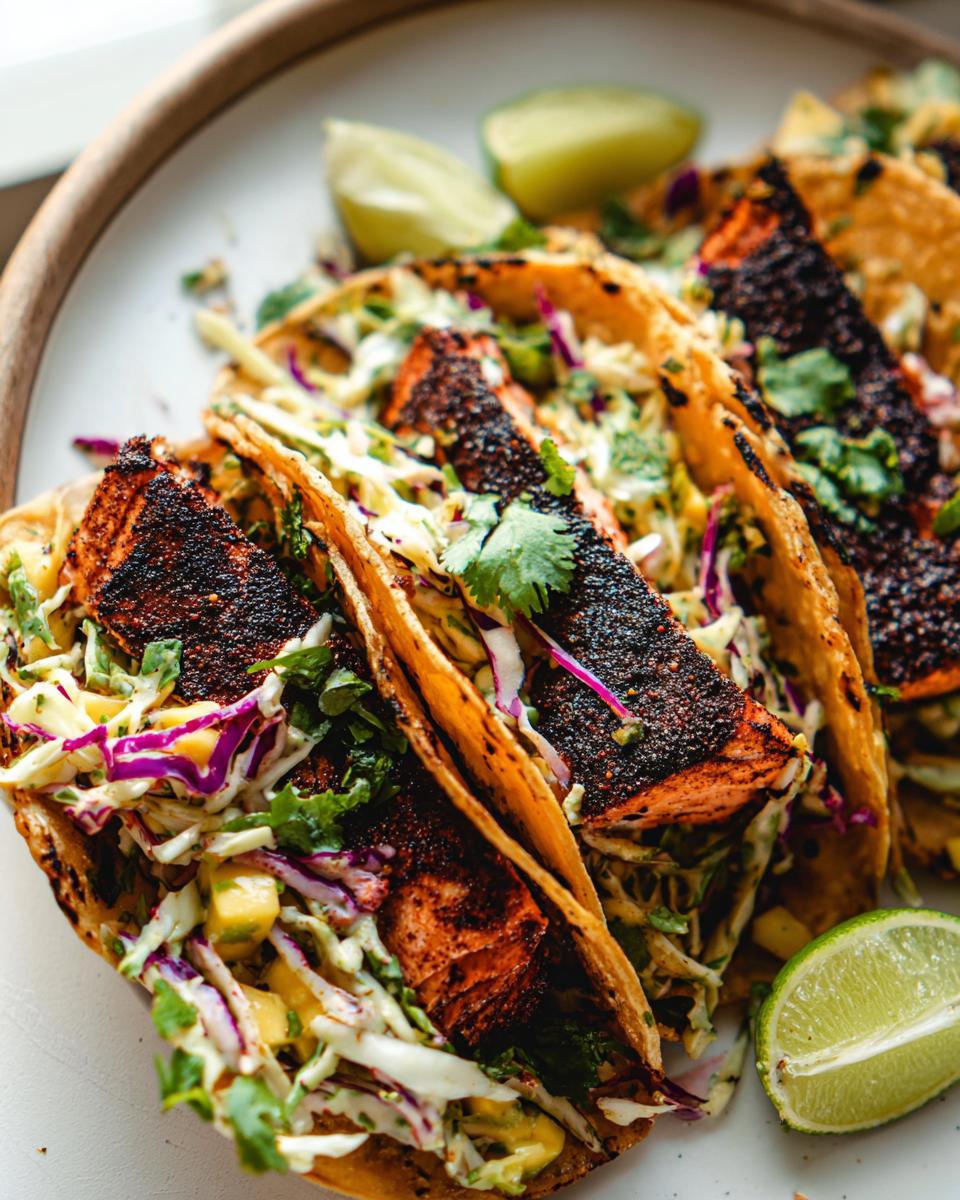 Close-up of several Blackened Salmon Tacos filled with blackened fish, purple cabbage slaw, and cilantro, served with lime wedges.