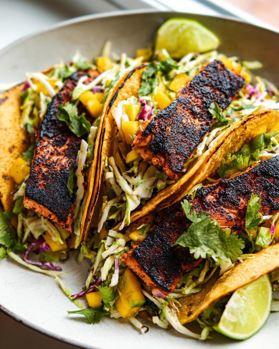 Close-up of three Blackened Salmon Tacos filled with blackened salmon pieces, mango slaw, and garnished with cilantro and lime.