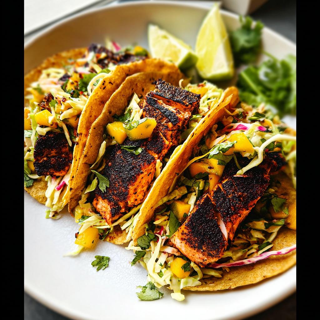 Three delicious Blackened Salmon Tacos filled with blackened salmon chunks, slaw, and mango salsa, served with lime wedges.
