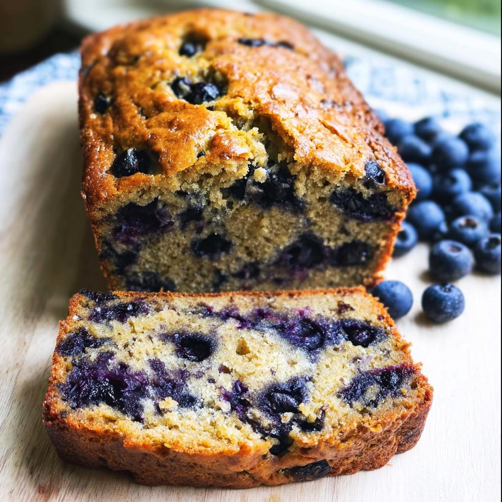 A close-up of a freshly baked Blueberry Banana Bread loaf, with one slice cut, showing moist texture and abundant blueberries.