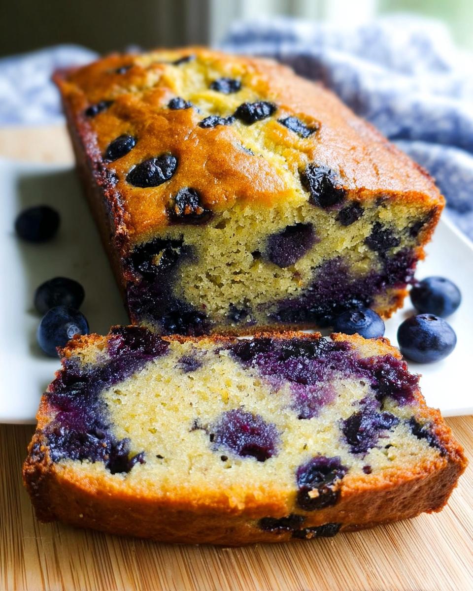 A golden-brown loaf of Blueberry Banana Bread with one thick slice cut and resting in front.
