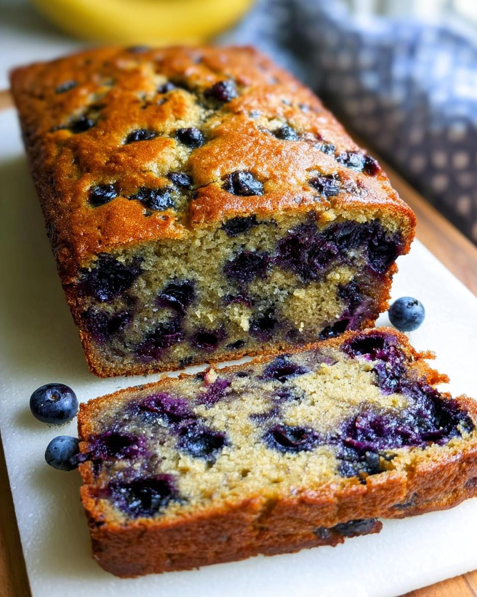 A close-up of a freshly baked Blueberry Banana Bread loaf with one thick slice cut, showing moist crumb and abundant blueberries.