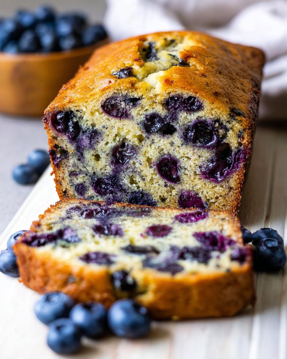 A loaf of moist Blueberry Banana Bread, sliced to show the dense crumb packed with blueberries.