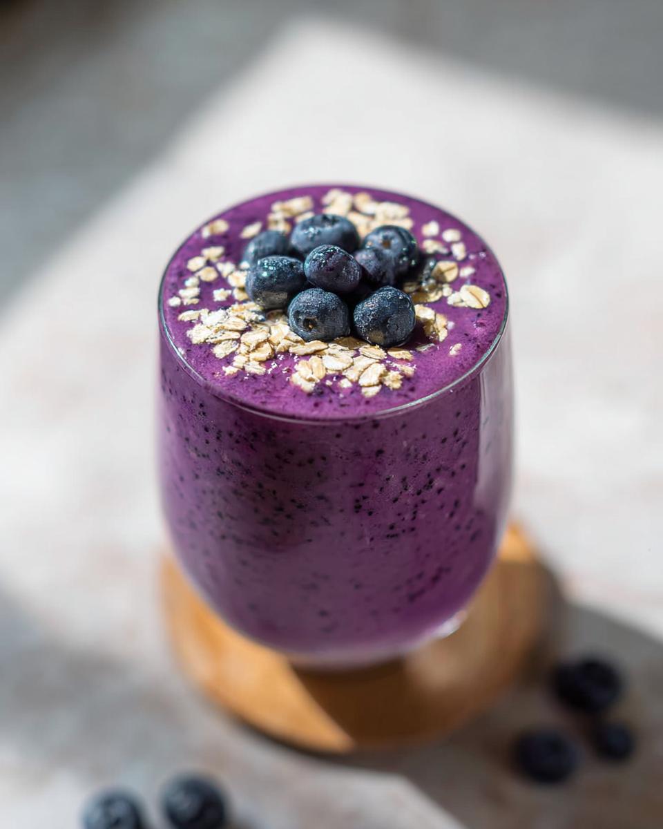 Close-up of a vibrant purple Blueberry Oat Breakfast Smoothie topped with fresh blueberries and rolled oats.