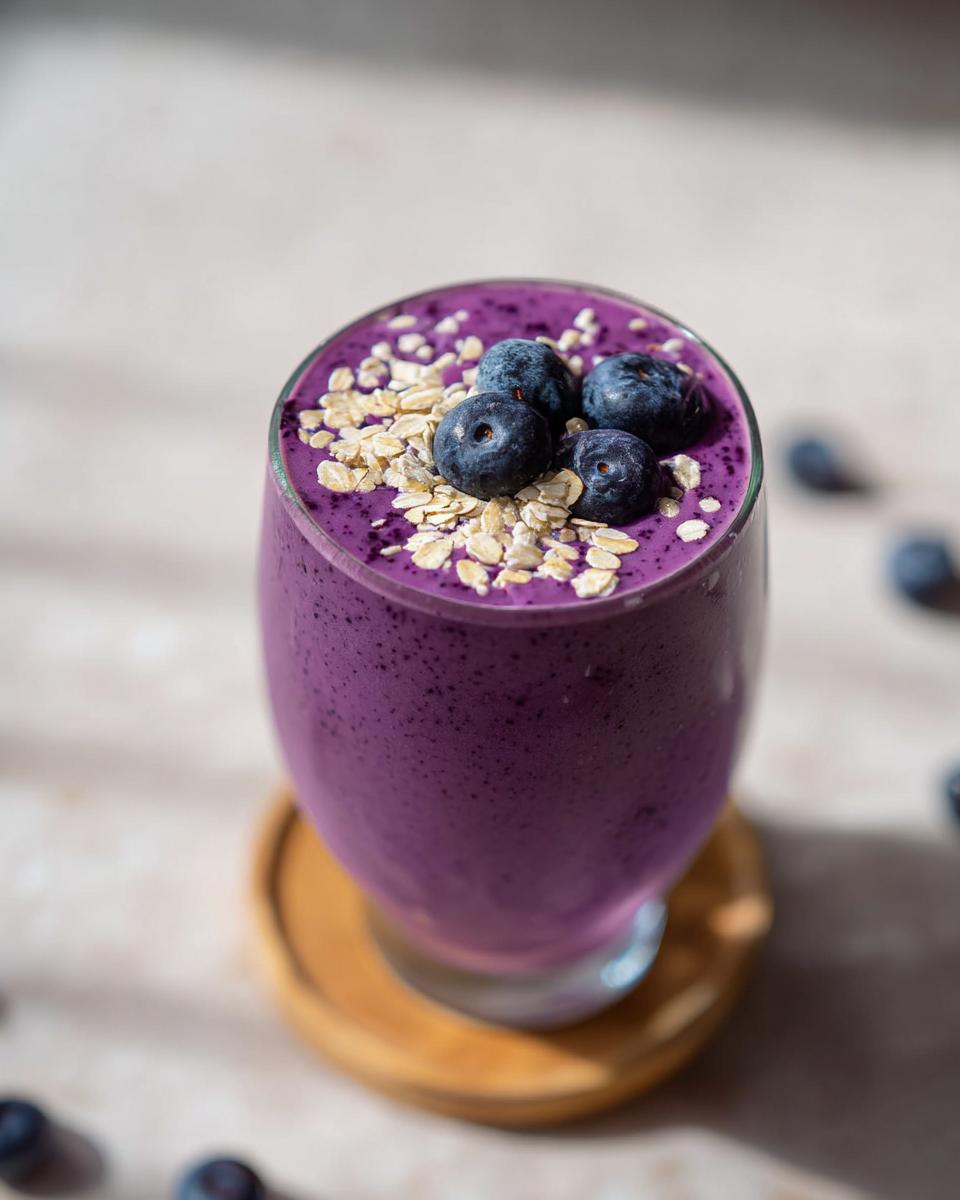 Close-up of a vibrant purple Blueberry Oat Breakfast Smoothie topped with fresh blueberries and rolled oats.