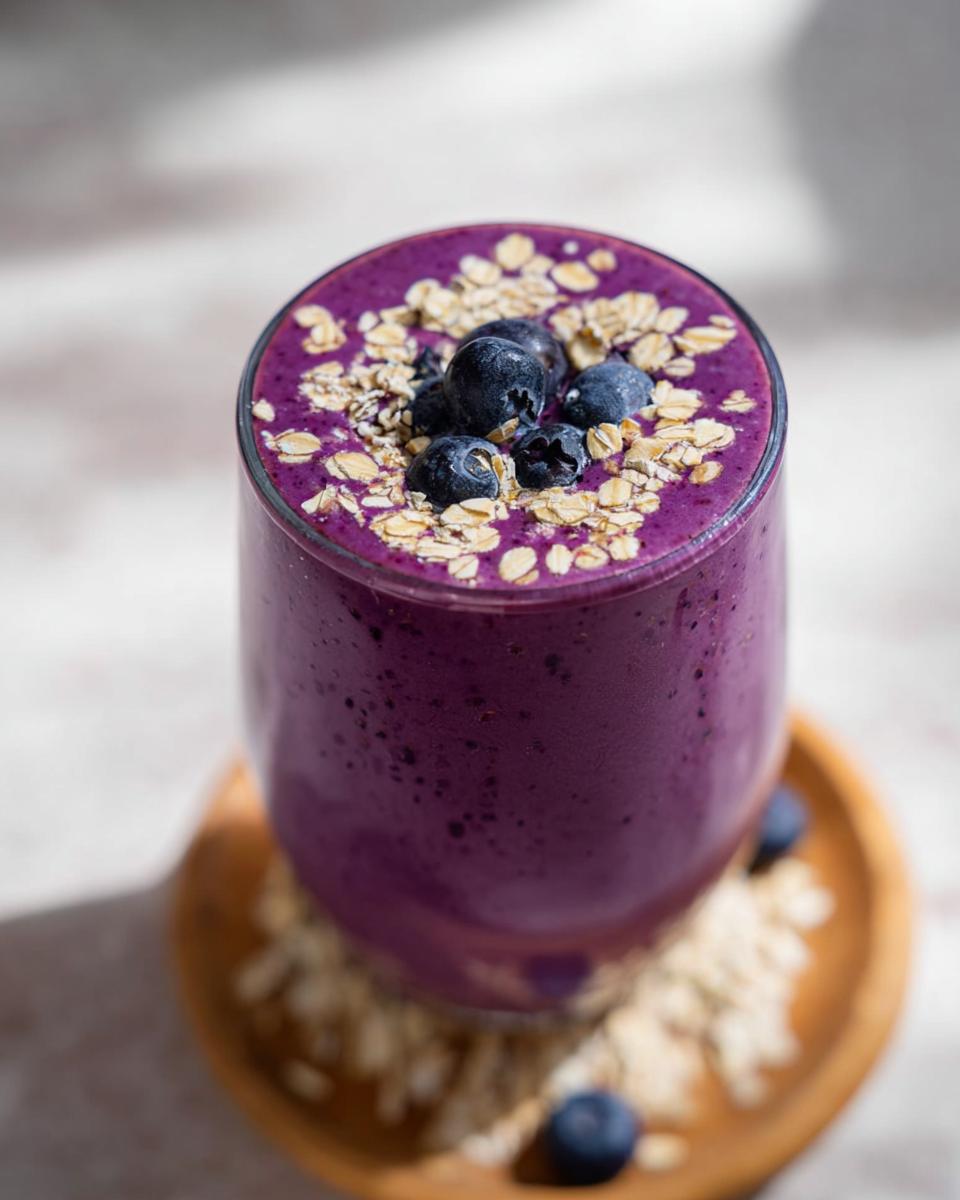Close-up of a vibrant purple Blueberry Oat Breakfast Smoothie topped with fresh blueberries and rolled oats.