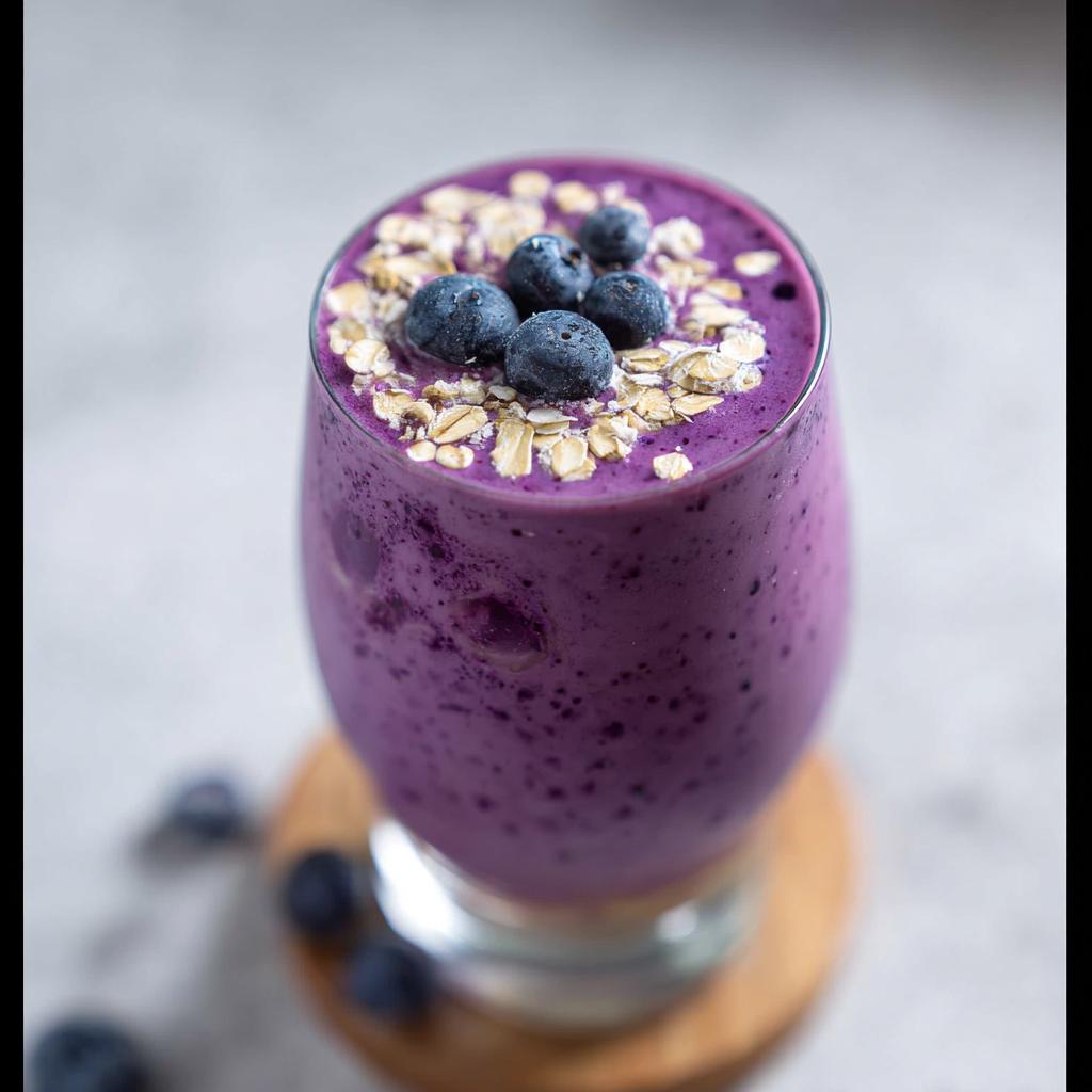 A vibrant purple Blueberry Oat Breakfast Smoothie topped with fresh blueberries and rolled oats.