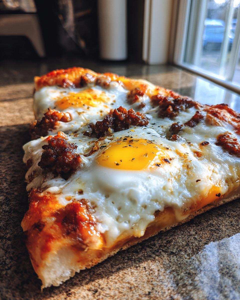 Two slices of Breakfast Pizza topped with sunny-side-up eggs and sausage, perfect for dorm-friendly breakfast ideas.