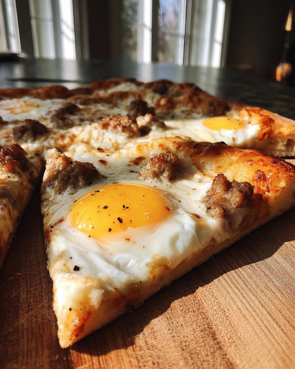 A close-up slice of Breakfast Pizza topped with a sunny-side-up egg, sausage crumbles, and cheese.