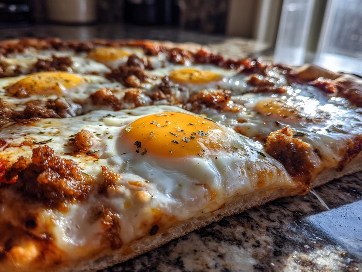 Close-up of a slice of Breakfast Pizza featuring sunny-side-up eggs and sausage crumbles.