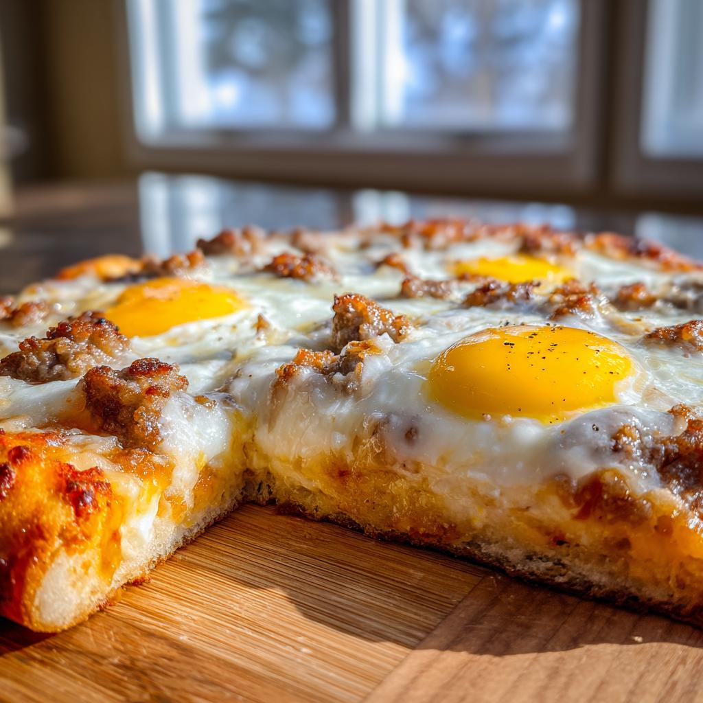 A thick slice of Breakfast Pizza topped with sunny-side-up eggs and sausage, perfect for dorm-friendly breakfast ideas.