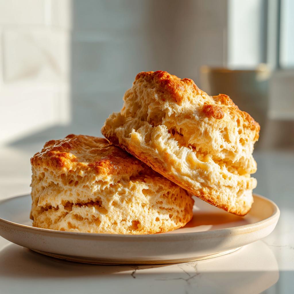 Two fluffy, golden-brown Breakfast Protein Biscuits stacked on a small white plate in bright sunlight.