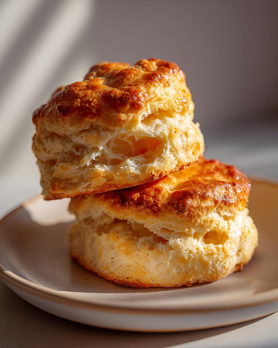 Two golden brown, flaky Breakfast Protein Biscuits stacked on a small beige plate, ready for a quick meal.