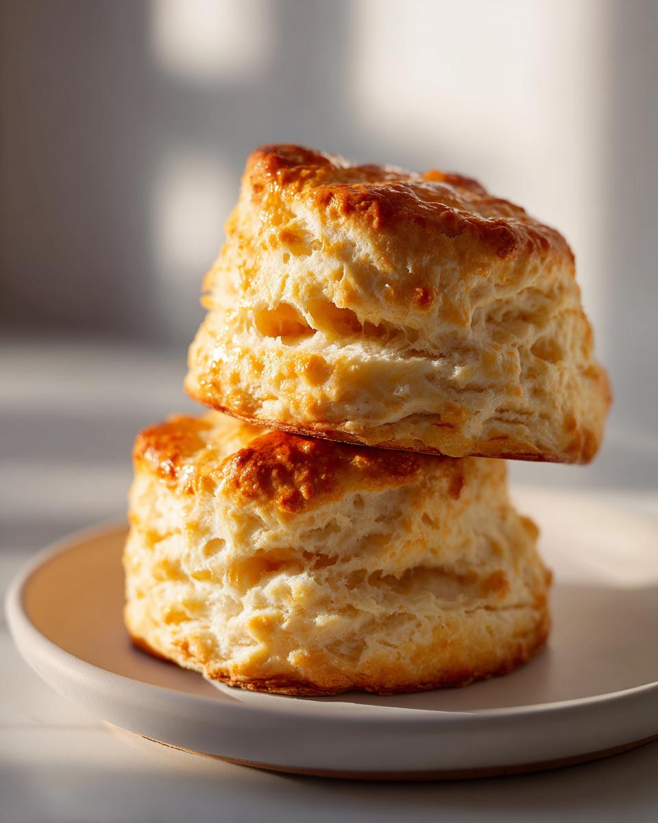 Two golden brown, flaky Breakfast Protein Biscuits stacked on a light-colored plate.