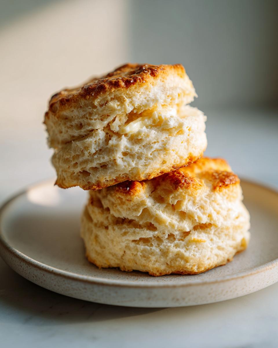 Two fluffy Breakfast Protein Biscuits stacked on a small ceramic plate, showing flaky layers and a golden-brown top.