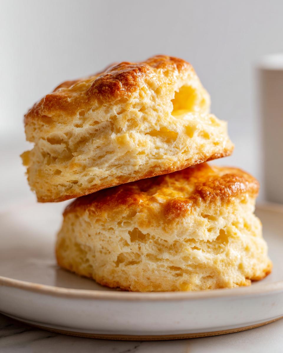 Close-up of two golden-brown Breakfast Protein Biscuits stacked on a light plate.