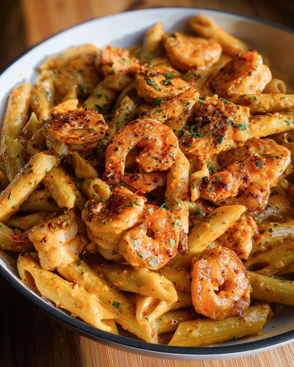 A close-up bowl of creamy Cajun Shrimp Pasta, featuring penne noodles coated in a rich sauce and topped with seasoned shrimp.
