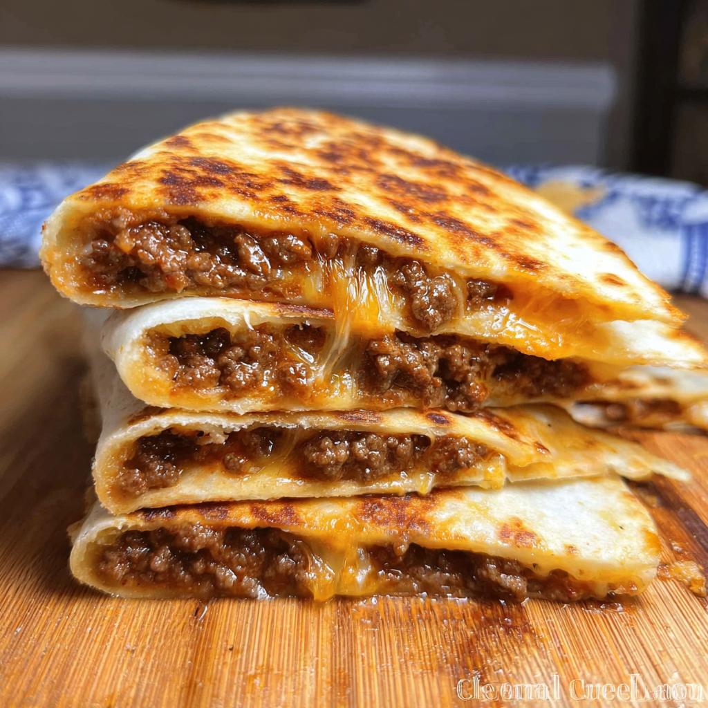Close-up of stacked, grilled Cheesy Beef Quesadillas showing melted cheese stretching between layers of seasoned ground beef.