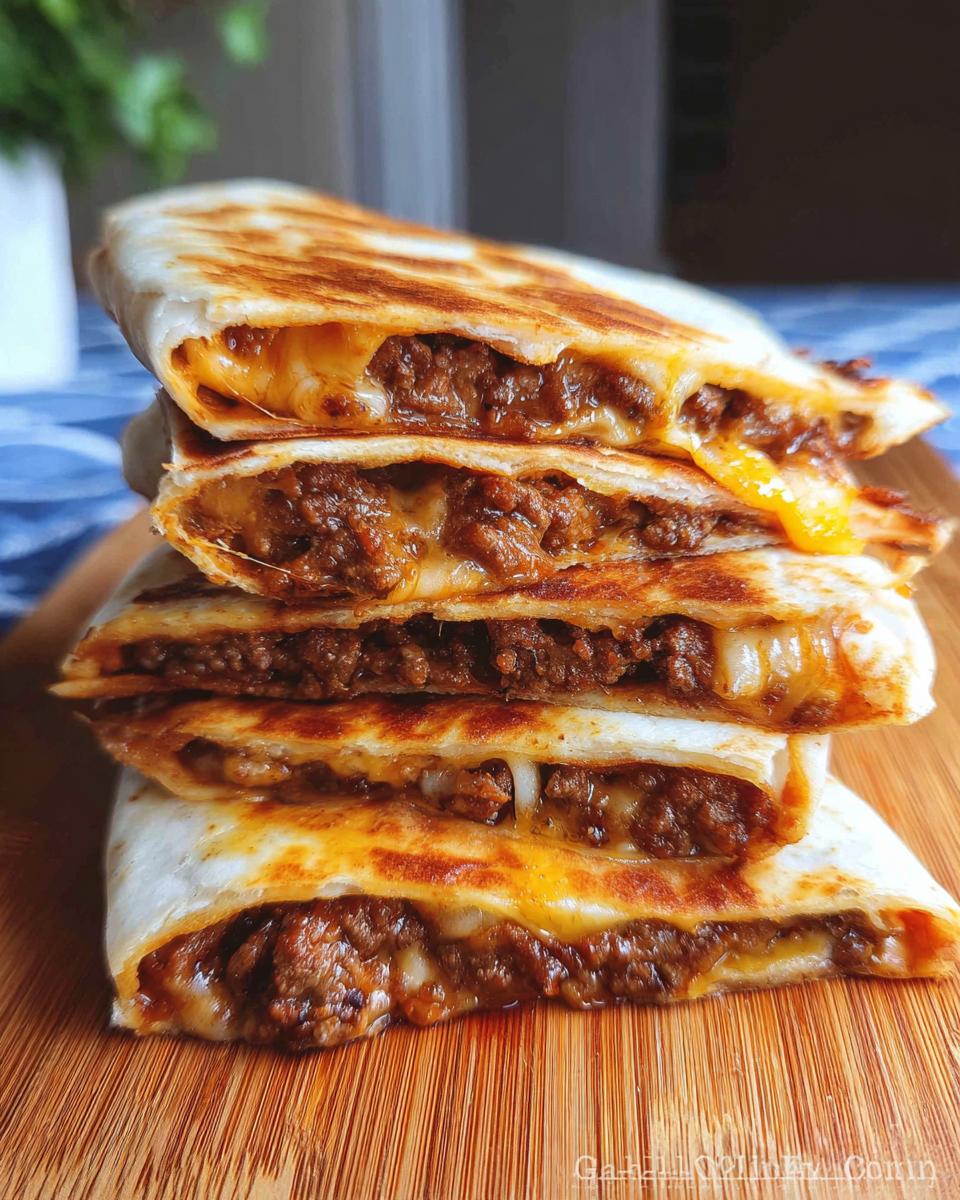 A stack of four golden-brown Cheesy Beef Quesadillas cut in half, showing the gooey melted cheese and seasoned ground beef filling.
