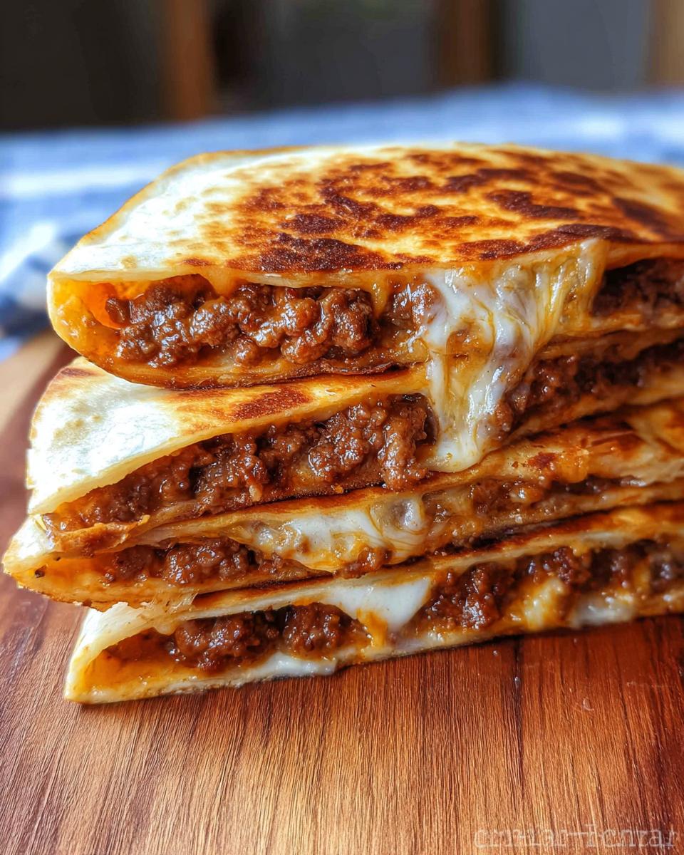 A stack of four golden-brown Cheesy Beef Quesadillas cut into triangles, showing gooey melted cheese and seasoned ground beef filling.