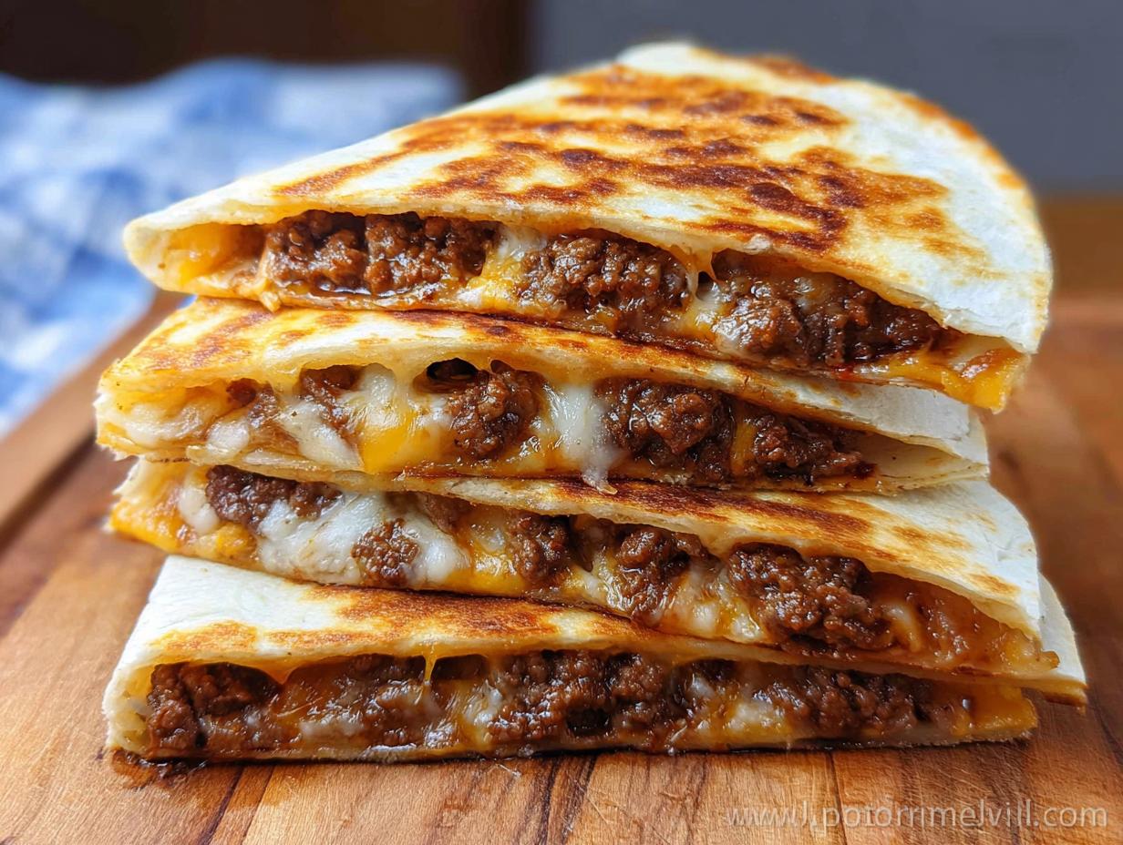 A stack of four golden-brown Cheesy Beef Quesadillas slices showing gooey melted cheese and seasoned ground beef filling.
