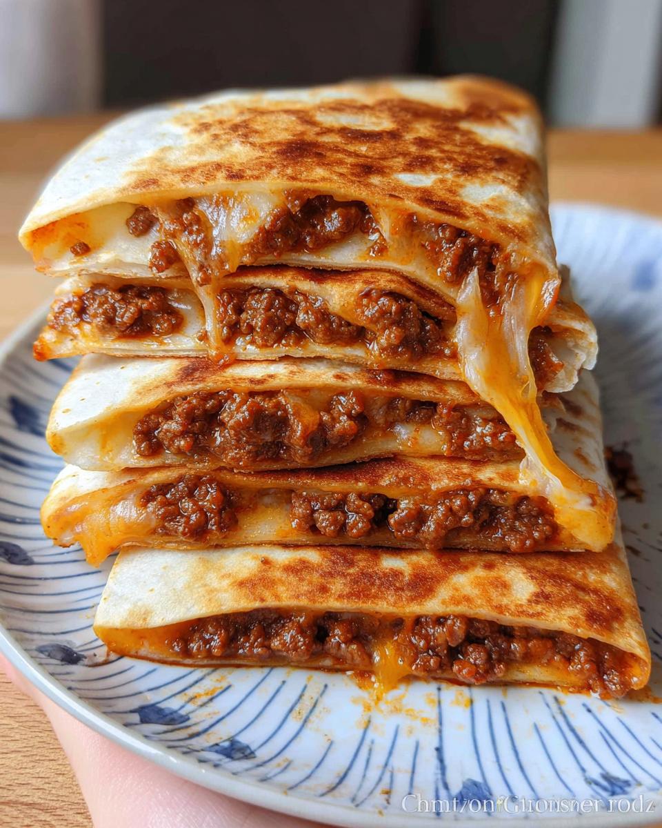 A tall stack of four golden-brown Cheesy Beef Quesadillas cut into triangles, oozing melted cheese.