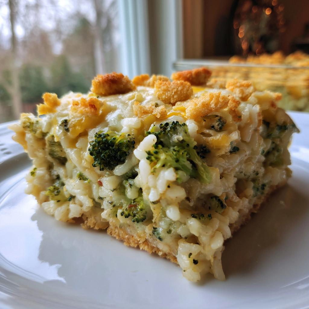 A close-up of a square slice of Cheesy Broccoli Rice Casserole on a white plate, showing creamy rice, green broccoli florets, and a crunchy topping.