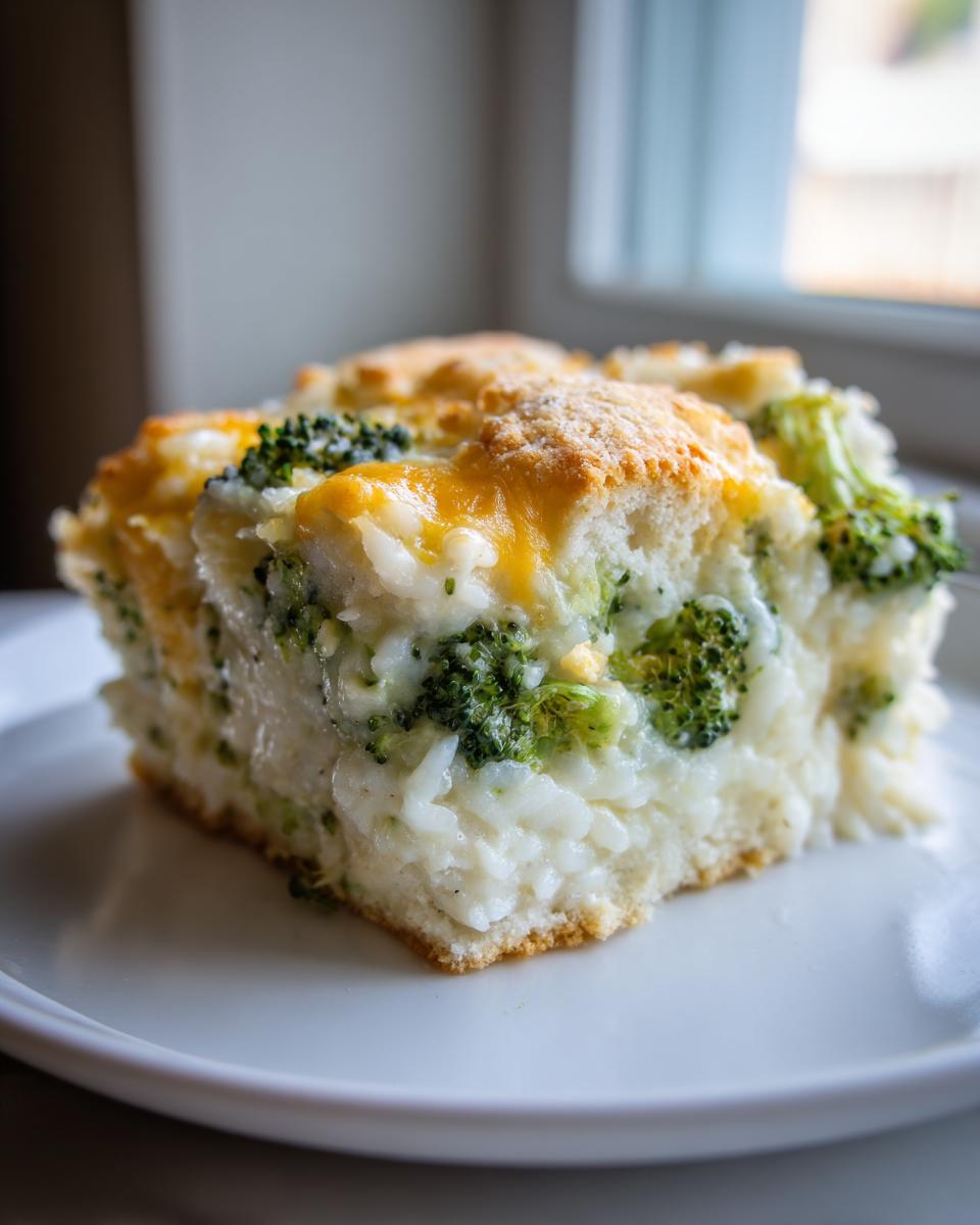 A square serving of creamy Cheesy Broccoli Rice Casserole with melted cheddar cheese topping, resting on a white plate.