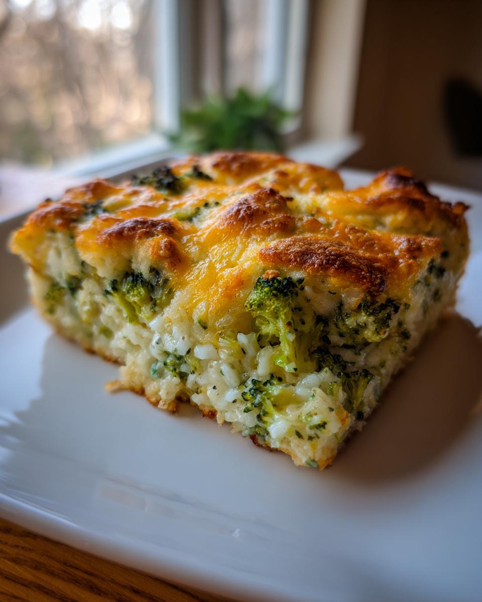 A square slice of Cheesy Broccoli Rice Casserole with a golden, bubbly cheese topping, served on a white plate.