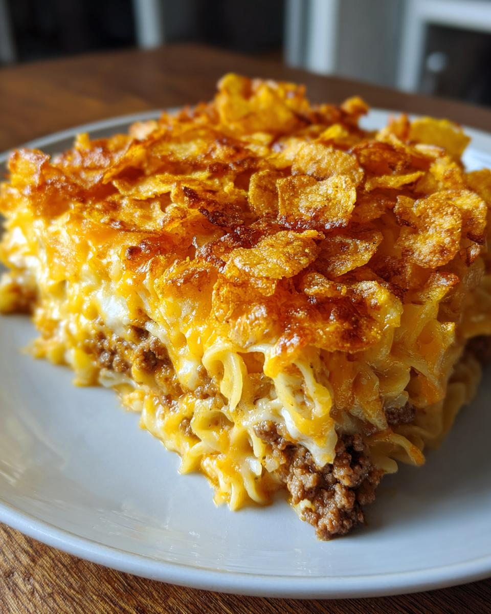 A slice of cheesy beef and noodle casserole topped with crispy, golden corn flakes, perfect for easy dinner recipes.