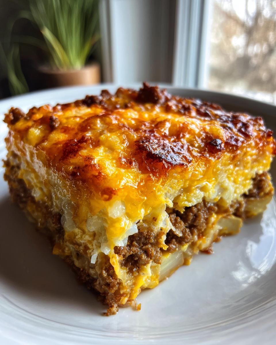 A close-up slice of Cheesy Ground Beef & Potato Casserole showing layers of seasoned ground beef and potatoes topped with melted, browned cheese.