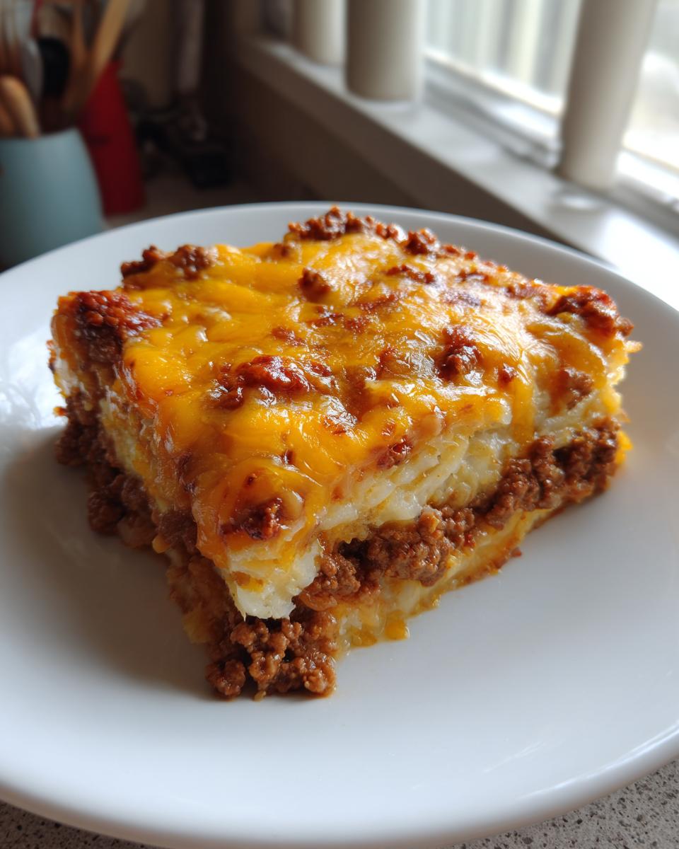 A square serving of Cheesy Ground Beef & Potato Casserole with melted cheddar cheese on top, served on a white plate.