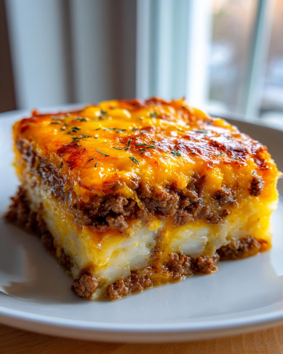 A perfect square slice of Cheesy Ground Beef & Potato Casserole showing layers of ground beef, potatoes, and melted cheddar cheese topping.