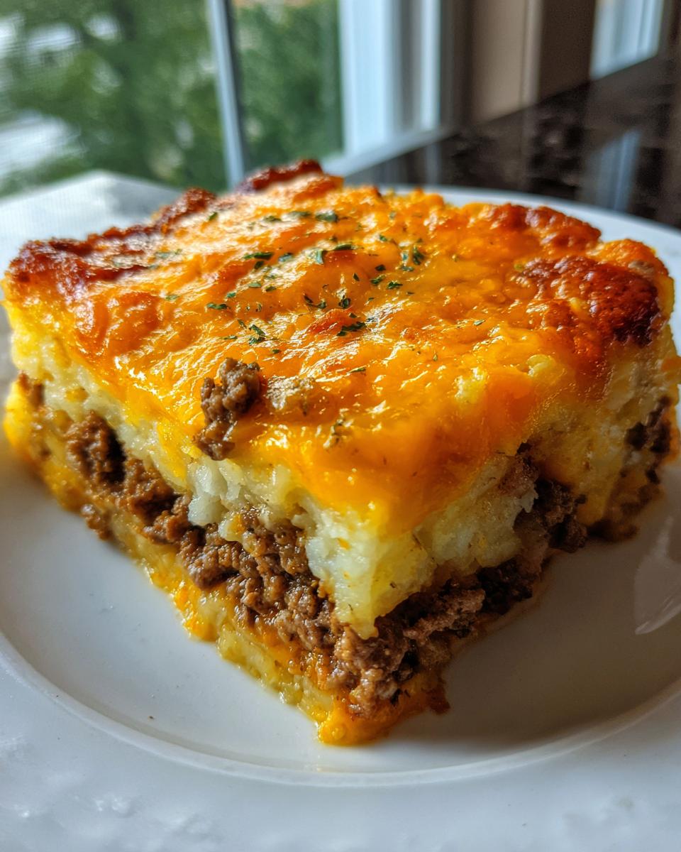 A close-up slice of Cheesy Ground Beef & Potato Casserole showing layers of seasoned ground beef, mashed potatoes, and melted cheddar cheese.