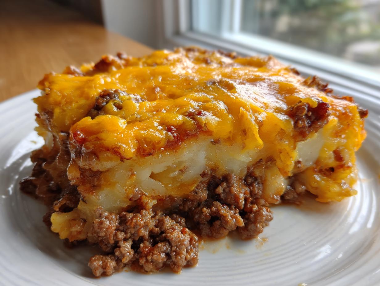 A close-up slice of Cheesy Ground Beef & Potato Casserole showing layers of ground beef, potatoes, and melted cheddar cheese.