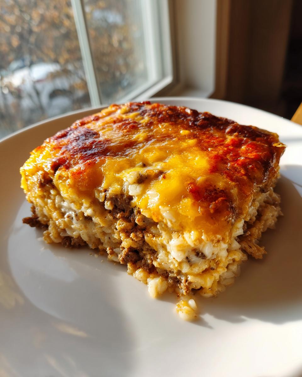 A square serving of Cheesy Ground Beef Rice Casserole with a golden brown melted cheese top, sitting on a white plate.