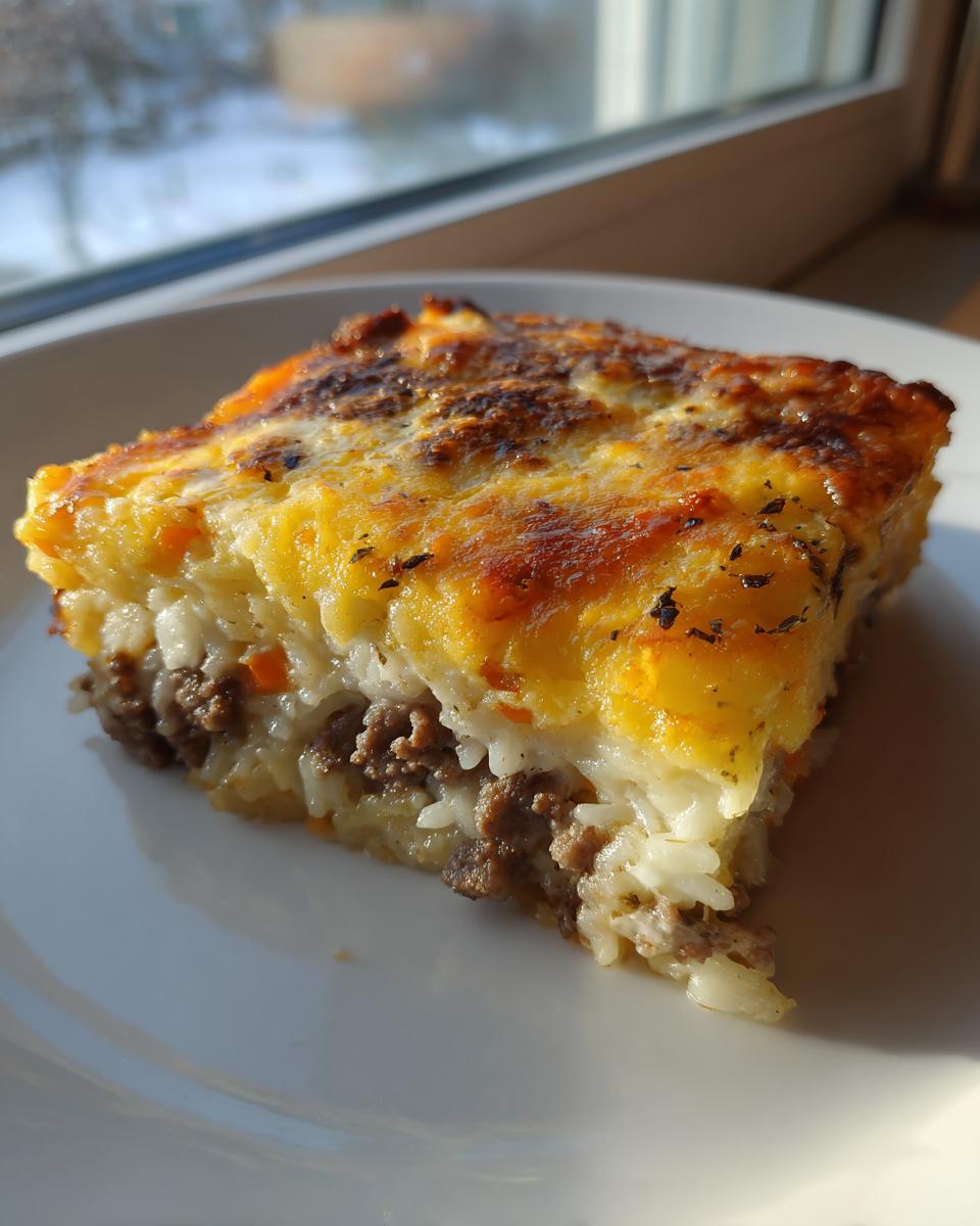 A close-up slice of Cheesy Ground Beef Rice Casserole with a browned, cheesy top layer.